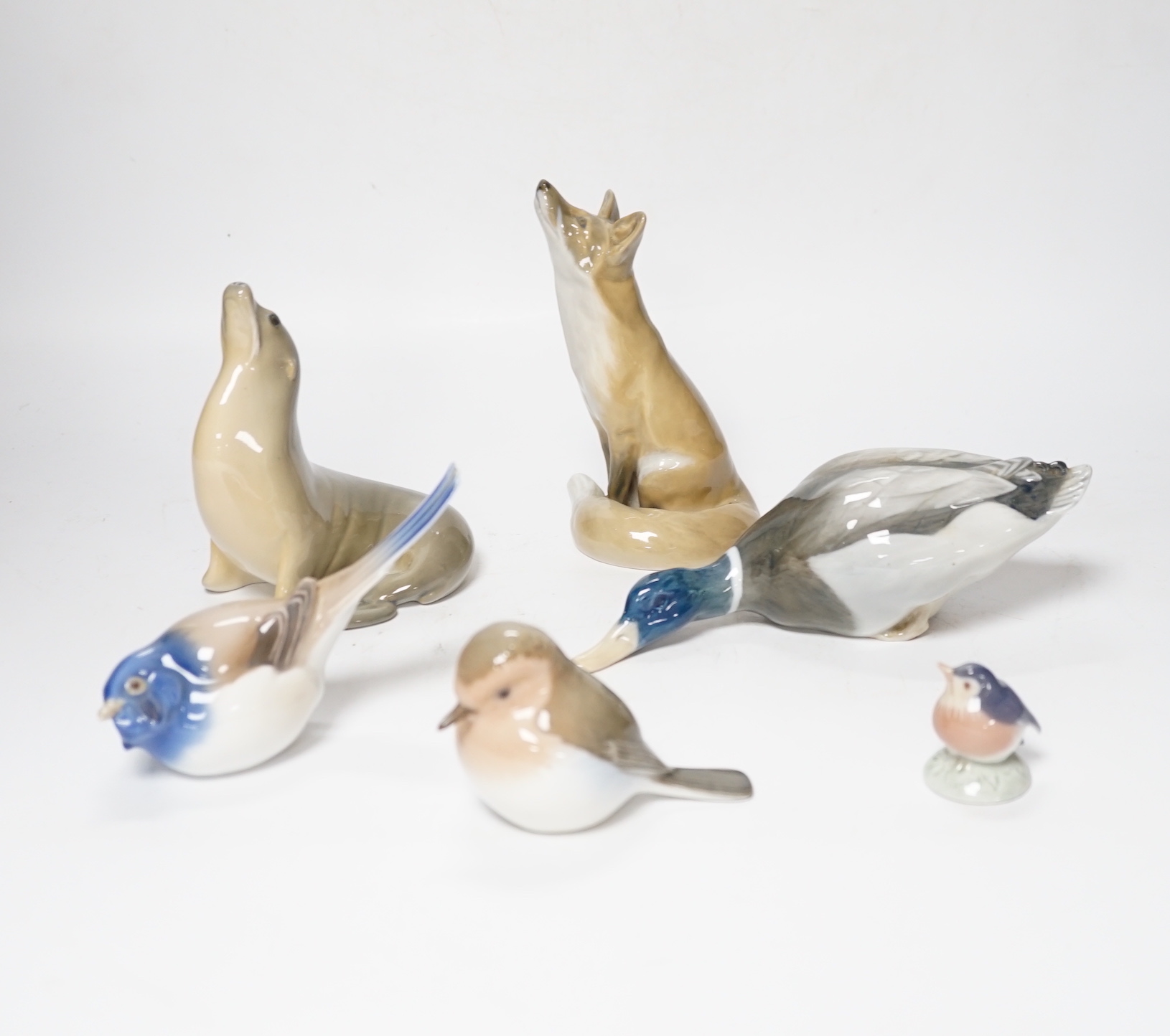 Six Royal Copenhagen animal models including fox, duck and seal, largest 15cm high